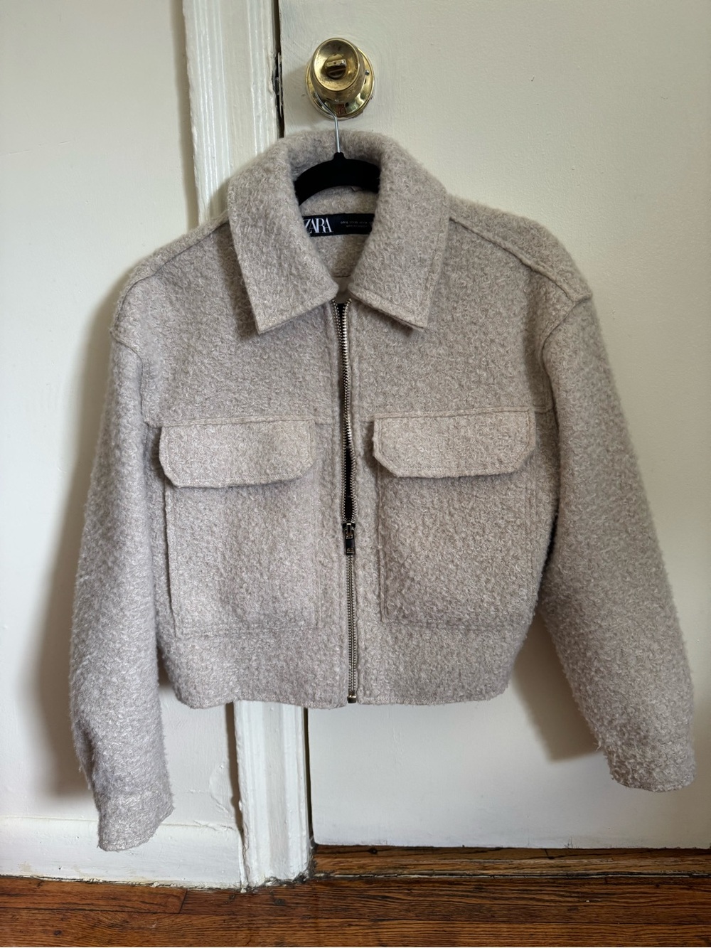 Zara light beige Textured boucle Wool-Blend Zip Crop Jacket